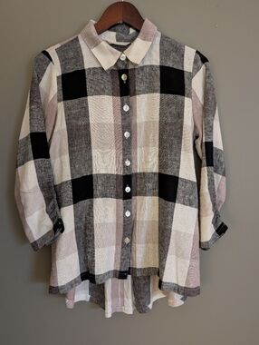 Soft Surroundings Carreaux Linen Plaid Zipper Back Shirt Size Small